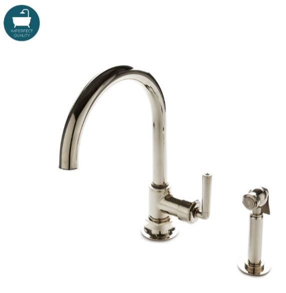 Waterworks Henry One Hole Gooseneck Kitchen Faucet, Metal Lever Handle and Spray in Chrome