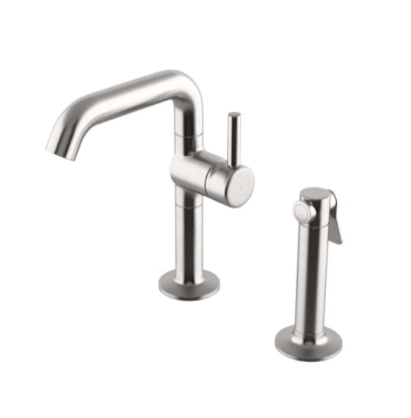 Waterworks .25 One Hole High Profile Kitchen Faucet, Short Metal Lever Handle and Metal Spray in Matte Nickel