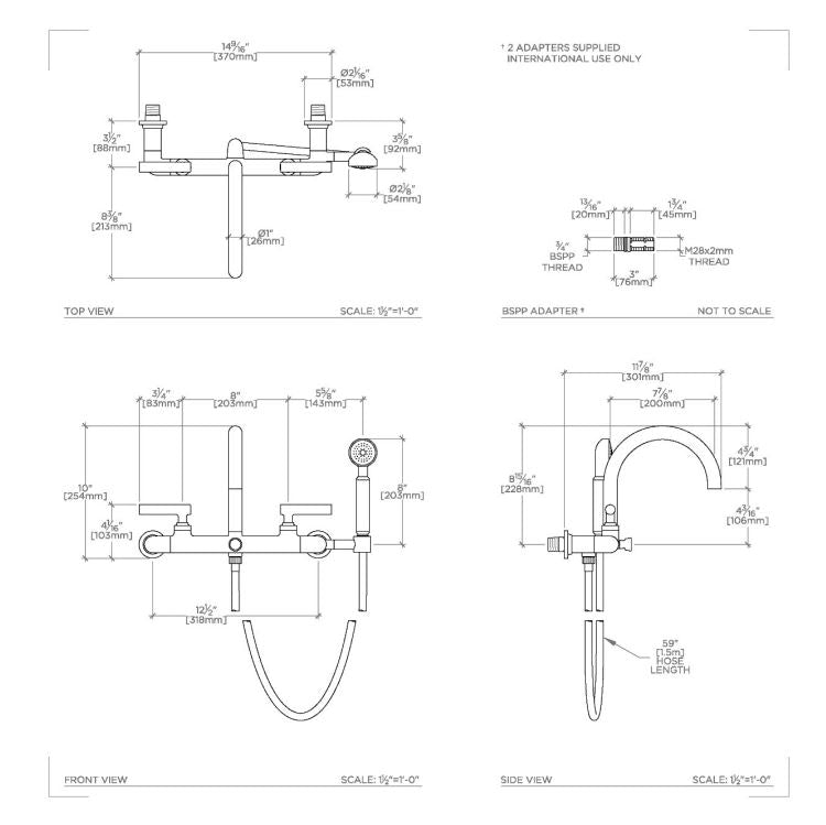 Waterworks Bond Solo Series Wall Mounted Exposed Tub Filler with Handshower and Straight Lever Handles in Nickel