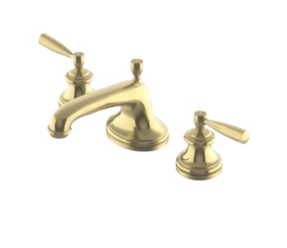 Waterworks Foro Low Profile Three Hole Deck Mounted Lavatory Faucet with Metal Lever Handles in Burnished Brass