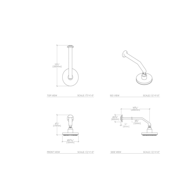 Waterworks Formwork Wall Mounted 6" Rain Shower Head, Arm and Flange in Dark Brass