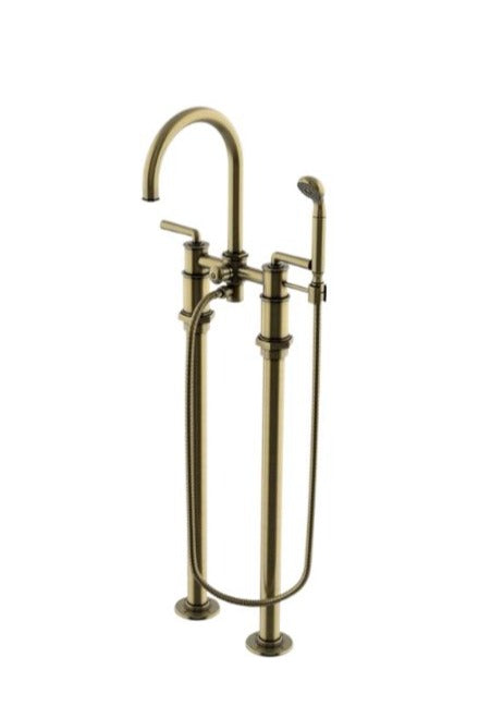 Waterworks Henry Exposed Floor Mounted Tub Filler with  Handshower and Metal Lever Handles in Brass