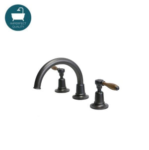 Waterworks Easton Classic Gooseneck Three Hole Deck Mounted Lavatory Faucet with Oak Lever Handles in Dark Brass