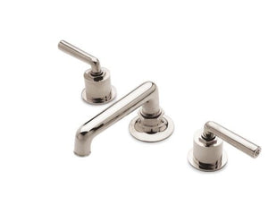 Waterworks Henry Low Profile Three Hole Deck Mounted Lavatory Faucet with Metal Lever Handles in Chrome