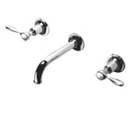 Waterworks Easton Classic Low Profile Three Hole Wall Mounted Lavatory Faucet with Elongated Spout and Black Porcelain Lever Handles in Chrome