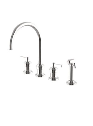 Waterworks Aero Three Hole Gooseneck Kitchen Faucet with Elevated Metal Lever Handles and Spray in Chrome
