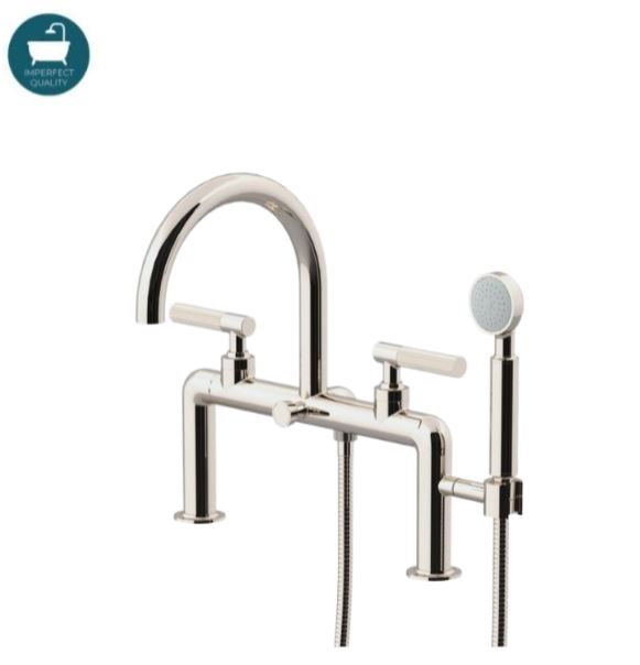 Waterworks Bond Tandem Series Deck Mounted Exposed Tub Filler with Handshower and Guilloche Lines Lever Handles in Nickel