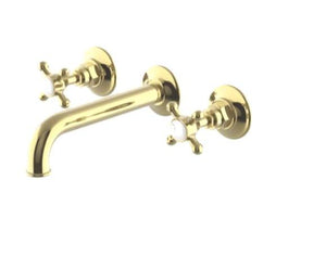 Waterworks Highgate Low Profile Three Hole Wall Mounted Lavatory Faucet with Metal Cross Handles in Brass