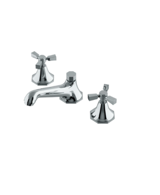 Waterworks Roadster Low Profile Three Hole Deck Mounted Lavatory Faucet with Metal Tri-spoke Handles in Chrome