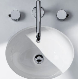 Waterworks Decibel  Low Profile Three Hole Deck Mounted Lavatory Faucet with Metal Knob Handles in Nickel