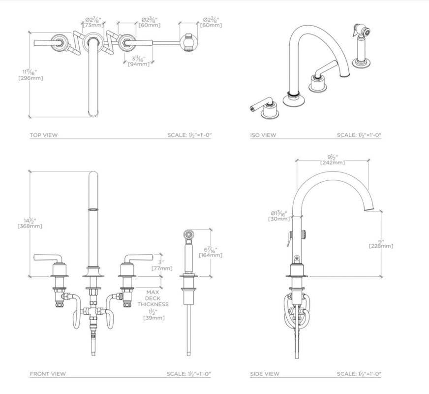 Waterworks Henry Three Hole Gooseneck Kitchen Faucet, Metal Lever Handles and Spray in Matte Nickel