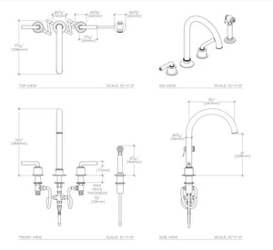 Waterworks Henry Three Hole Gooseneck Kitchen Faucet, Metal Lever Handles and Spray in Matte Nickel