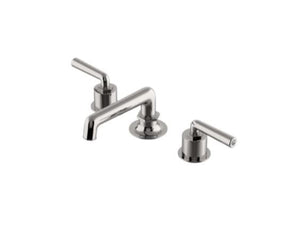 Waterworks Henry Low Profile Three Hole Deck Mounted Lavatory Faucet with Metal Lever Handles in Nickel