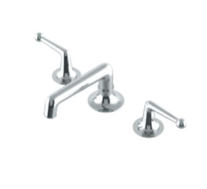 Waterworks Dash Low Profile Three Hole Deck Mounted Lavatory Faucet with Metal Lever Handles in Matte Nickel