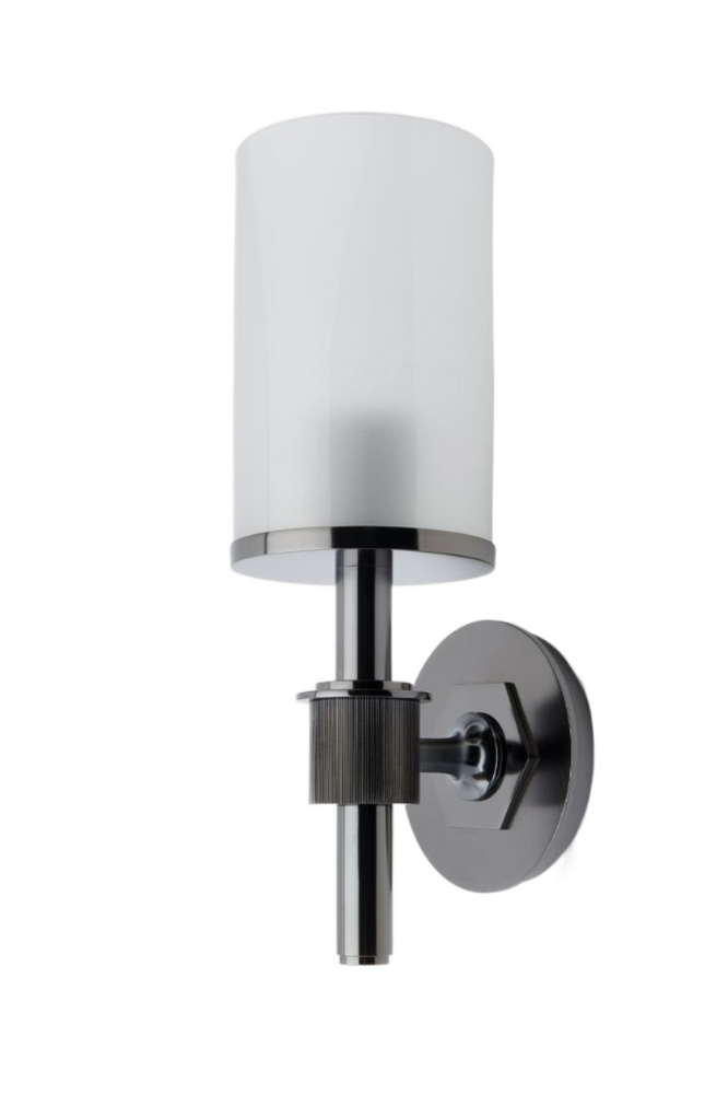 Waterworks Henry Wall Mounted Single Arm Sconce with Etched Glass Shade in Dark Nickel