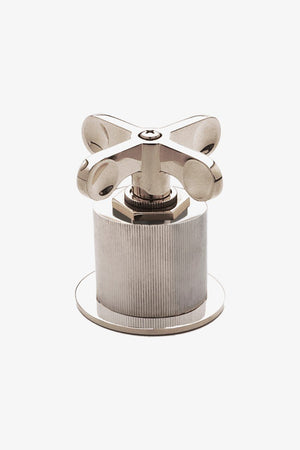 Waterworks Henry Gooseneck Three Hole Deck Mounted Lavatory Faucet with Coin Edge Cylinders and Cross Handles in Burnished Nickel