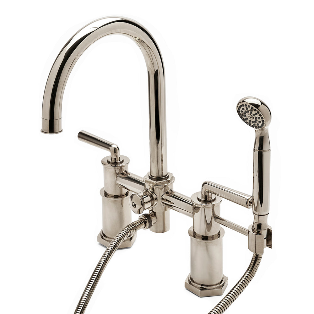 Waterworks Henry Deck Mounted Exposed Tub Filler with Handshower and Lever Handles in Vintage Brass