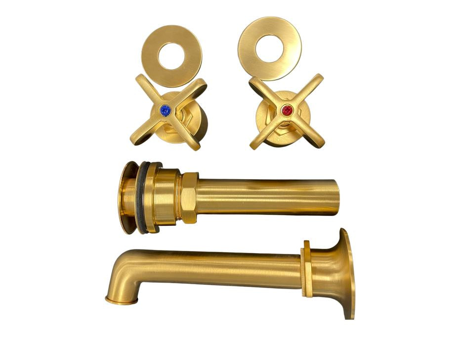 Waterworks Henry Wall Mounted Lavatory Faucet with Red & Blue Screw Temperature Indicators in Matte Gold