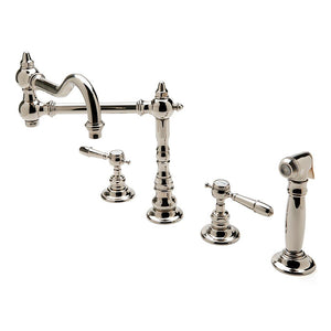 Waterworks Julia Three Hole Articulated Kitchen Faucet, Metal Lever Handles and Spray in Chrome