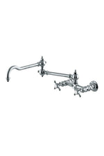 Waterworks Julia Wall Mounted Two Hole Bridge Articulated Kitchen Faucet, Metal Cross Handles in Chrome