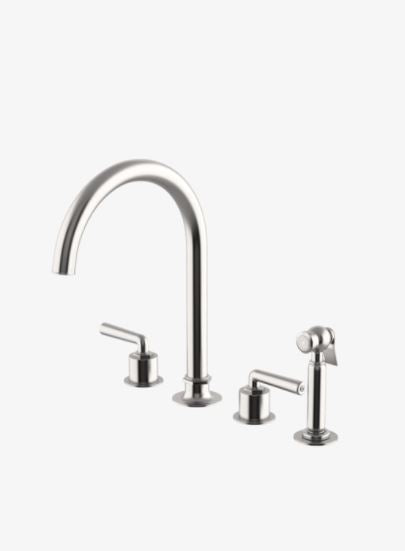 Waterworks Henry Three Hole Gooseneck Kitchen Faucet, Metal Lever Handles and Spray in Matte Nickel