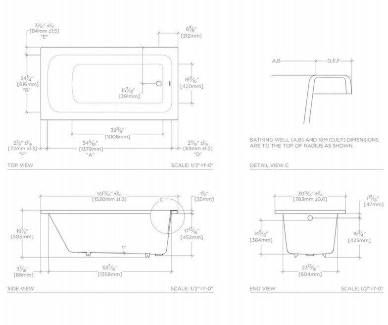 Waterworks Minna Rectangular Cast Iron Tub with End Drain in White