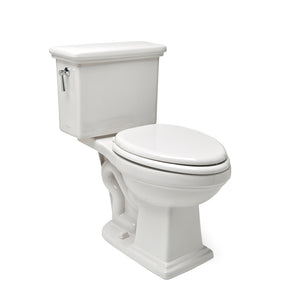 Waterworks Otis Two Piece High Efficiency Elongated Watercloset in Bright White with Molded Wood Seat and Brass Flush Lever