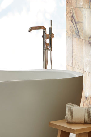 Waterworks .25 Floor Mounted Exposed Tub Filler With Handshower and Joystick Handle in Dark Nickel