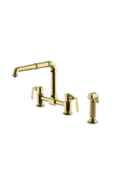 Waterworks RW Atlas Bridge High Profile Kitchen Faucet with Metal Side Mount Levers and Spray in Brass