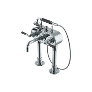 Waterworks Regulator Exposed Deck Mounted Tub Filler with Black Lever Handles Handshower in Nickel