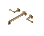 Waterworks Dash Three Hole Wall Mounted Lavatory Faucet with Metal Lever Handles in Vintage Brass