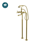 Waterworks Riverun Floor Mounted Exposed Tub Filler with Handshower and Tri-Spoke Handles in Brass