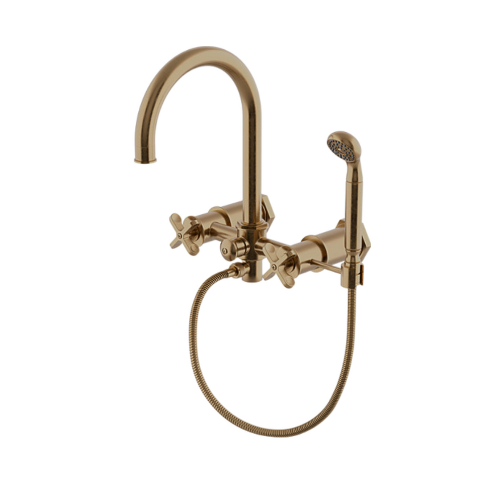Waterworks Henry Exposed Wall Mounted Tub Filler with 1.75gpm Handshower and Metal Cross Handles in Vintage Brass