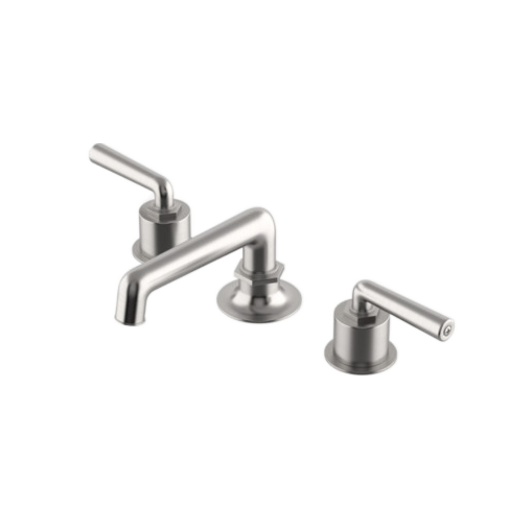 Waterworks Henry Low Profile Three Hole Deck Mounted Lavatory Faucet with Metal Lever Handles in Matte Nickel