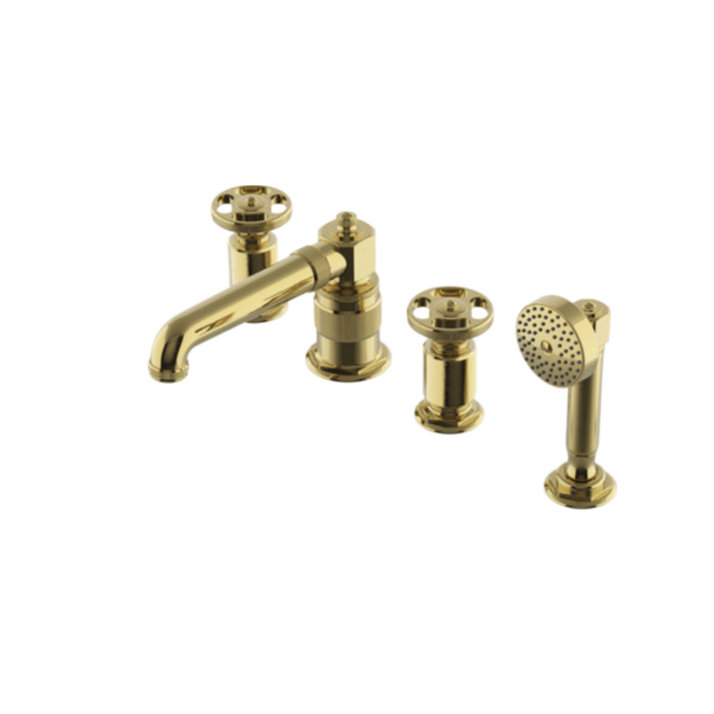 Waterworks RW Atlas Low Profile Concealed Tub Filler with 1.75 Handshower Metal Wheel Handles in Unlacquered Brass