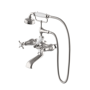 Waterworks Easton Vintage Exposed Tub Filler, 1.75gpm White Porcelain Handshower and Lever Diverter with White Porcelain Indices in Nickel