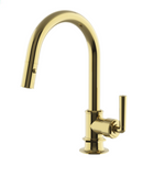 Waterworks Henry Mid-Size One Hole Gooseneck Integrated Pull Spray Kitchen Faucet with Lever Handle in Unlacquered Brass