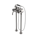 Waterworks Regulator Exposed Floor Mounted Tub Filler with 2.5gpm Handshower and Black Wheel Handles in Chrome