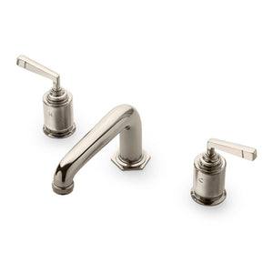 Waterworks RW Atlas Low Profile Three Hole Deck Mounted Lavatory Faucet with Metal Lever Handles in Dark Brass