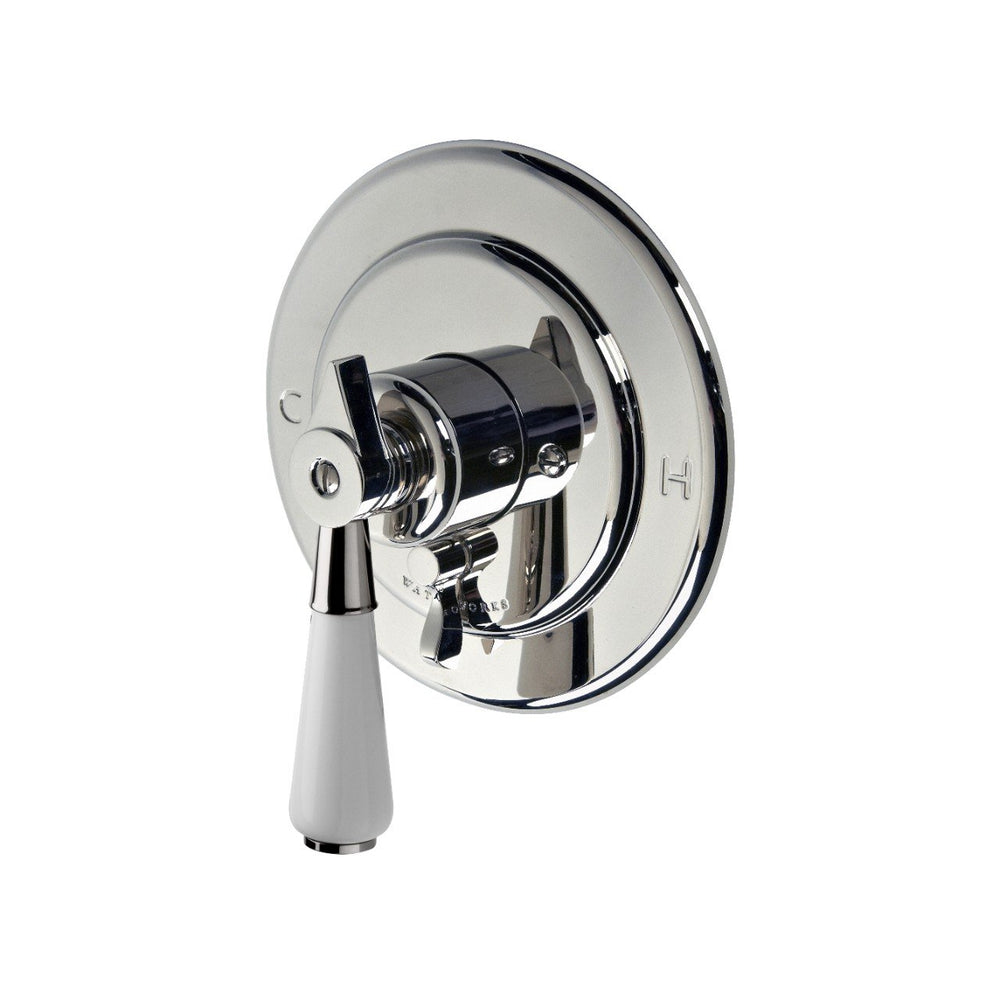 Waterworks Universal Round Pressure Balance with Diverter Trim with White Porcelain Lever Handle in Chrome