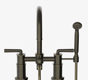 Waterworks Henry Exposed Floor Mounted Tub Filler with Handshower and Metal Lever Handles in Vintage Brass