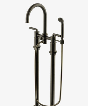 Waterworks Henry Exposed Floor Mounted Tub Filler with Handshower and Metal Lever Handles in Vintage Brass