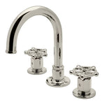 Waterworks Regulator Gooseneck Three Hole Deck Mounted Lavatory Faucet with Metal Wheel Handles in Brass