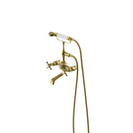 Waterworks Astoria Exposed Tub Filler With Handshower and Cross Handles in Unlacquered Brass