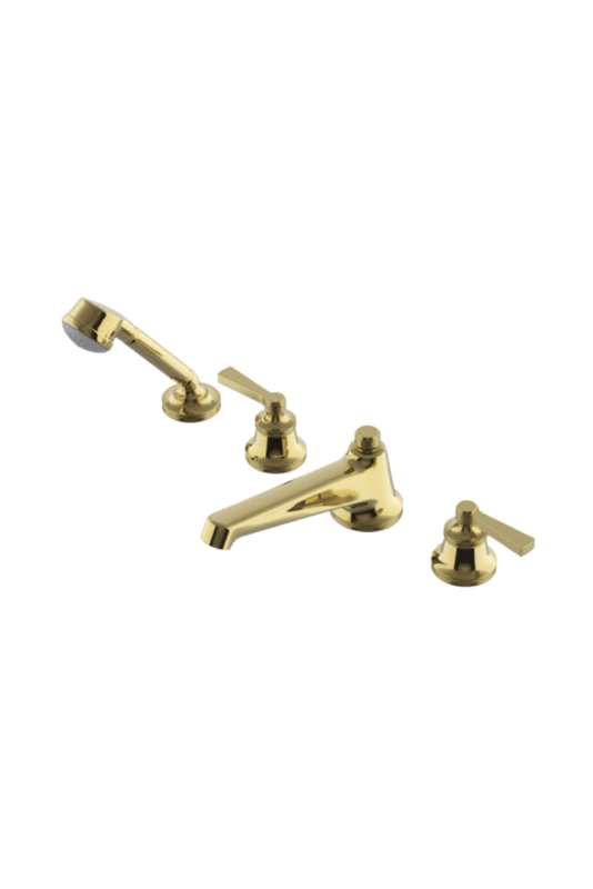 Waterworks Transit Deck Mounted Tub Filler with Metal Handshower and Lever Handles in Brass