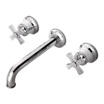 Waterworks Transit Low Profile Three Hole Wall Mounted Lavatory Faucet with Metal Cross Handles in Chrome