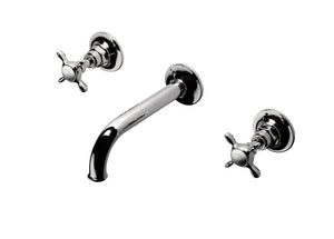 Waterworks Easton Vintage Low Profile Wall Mounted Lavatory Faucet with Elongated Spout and Metal Cross Handles in Unlacquered Brass