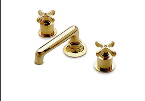 Waterworks Henry Low Profile Deck Mounted Lavatory Faucet Metal Cross Handles in Unlacquered Brass