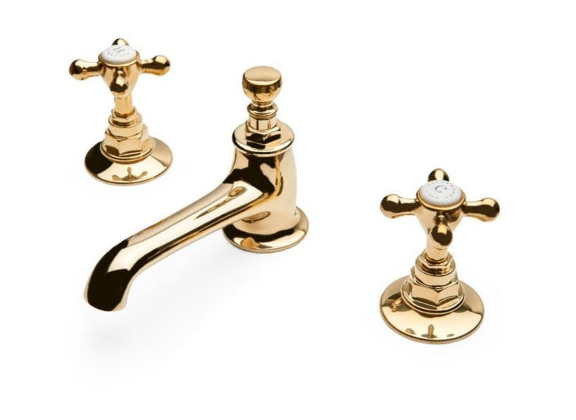 Waterworks Highgate Low Profile Three Hole Deck Mounted Lavatory Faucet with Metal Cross Handles in Unlacquered Brass