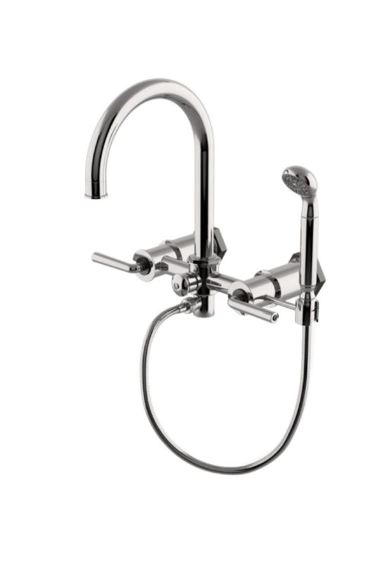 Waterworks Henry Exposed Wall Mounted Tub Filler with RW Atlas Handshower and Metal Lever Handles in Copper